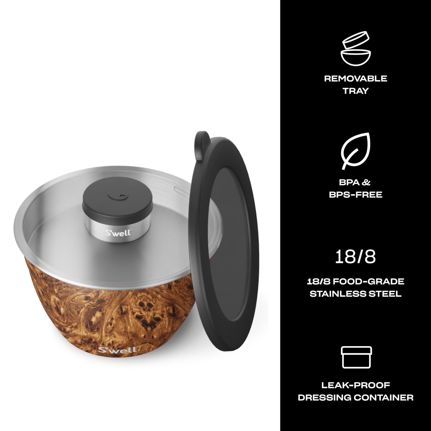 S'well Stainless Steel Salad Bowl Kit - 64oz, Teakwood - Comes with 2oz Condiment Container and Removable Tray for Organization - Leak-Proof, Easy to Clean, Dishwasher Safe