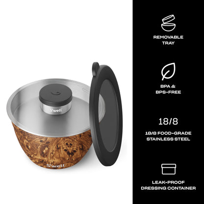 S'well Stainless Steel Salad Bowl Kit - 64oz, Teakwood - Comes with 2oz Condiment Container and Removable Tray for Organization - Leak-Proof, Easy to Clean, Dishwasher Safe