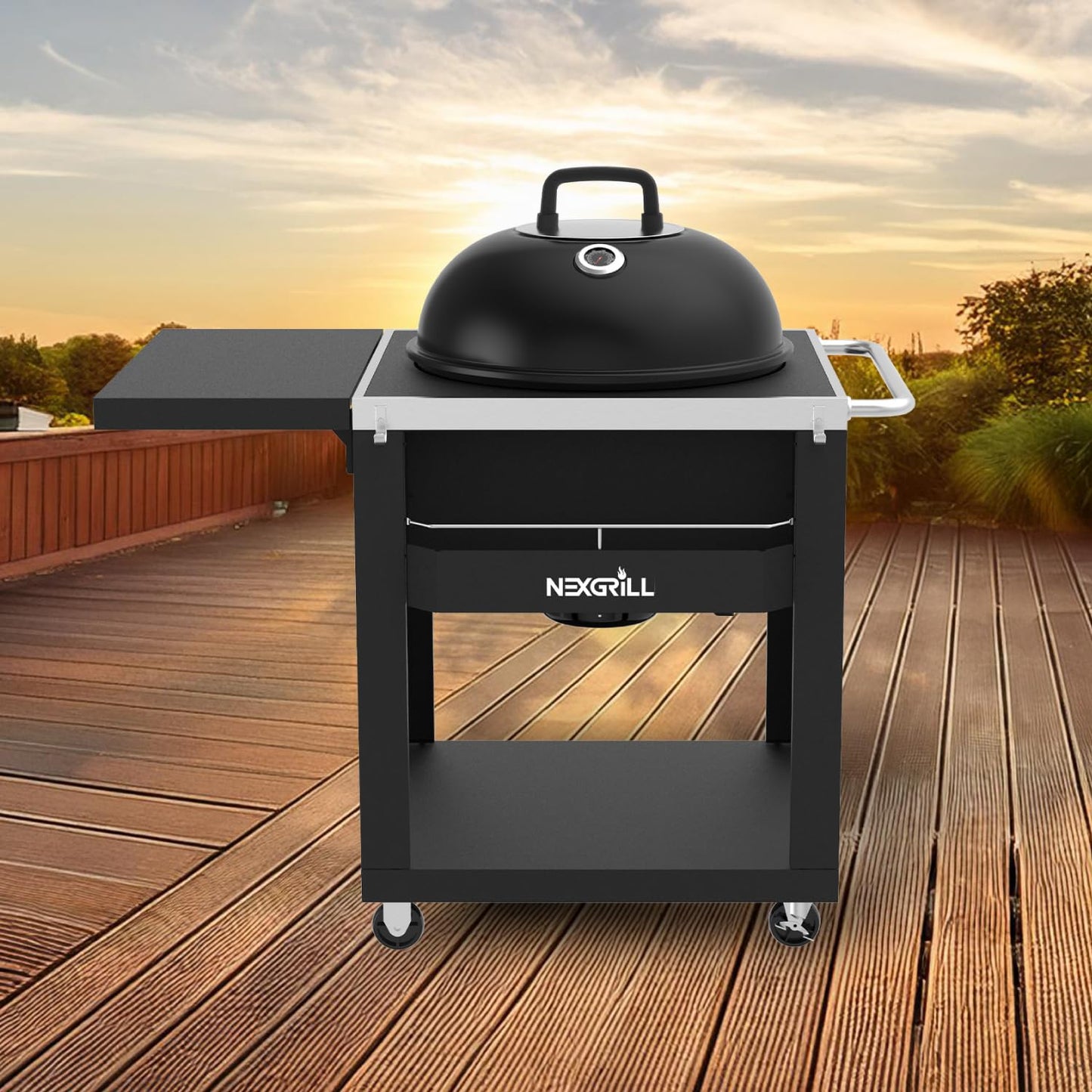 Nexgrill 22" Charcoal Grill with Table Cart and Side Table, 358 SQ In Grate, Adjustable Air Vents, Integrated Temperature Gauge, Mobile Cart Barbecue Grill for Camping, Picnics, and More - 810-0026HC