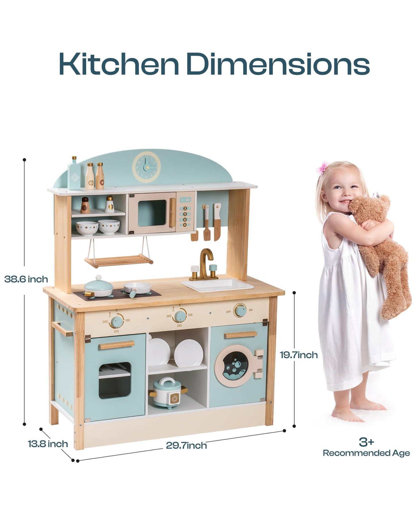 ROBOTIME Wooden Kitchen for Kids Play Kitchen, Toy Kitchen Set for Kids Kitchen Playset with Plenty of Play Features, Realistic Toddler Kitchen Set, Gift for Girls Boys Ages 3+