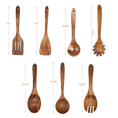 7 Piece Wooden Spoons for Cooking,Wooden Utensils for Cooking, Natural Teak Wooden Kitchen Utensils Set, Wooden Cooking Utensils