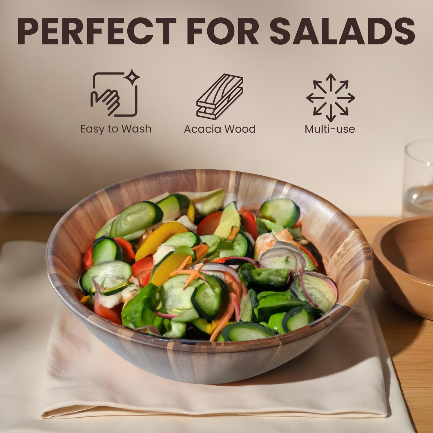 SPICK SPAN Wooden Bowl - Serving Bowl for Salads, Soups, Fruits, and Snacks, Acacia Round Bowls for Dinning Table and Coffee Table Centerpiece, Brown