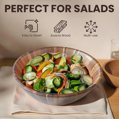 SPICK SPAN Wooden Bowl - Serving Bowl for Salads, Soups, Fruits, and Snacks, Acacia Round Bowls for Dinning Table and Coffee Table Centerpiece, Brown