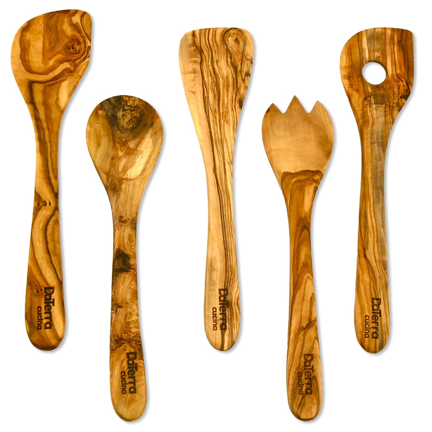 12-Inch Olive Wood Cooking Tools – 5-Piece Wooden Kitchen Utensils Set with Spoons, Spatulas & Cooking Tools – Wood Kitchen Utensils Set for Cooking – Crafted Wood Essentials by DaTerra Cucina