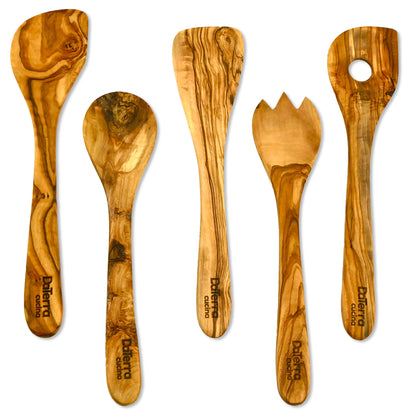 12-Inch Olive Wood Cooking Tools – 5-Piece Wooden Kitchen Utensils Set with Spoons, Spatulas & Cooking Tools – Wood Kitchen Utensils Set for Cooking – Crafted Wood Essentials by DaTerra Cucina