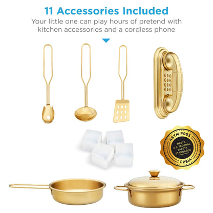 Best Choice Products Pretend Play Kitchen Wooden Toy Set for Kids w/Realistic Design, Telephone, Utensils, Oven, Microwave, Sink - White Bevel