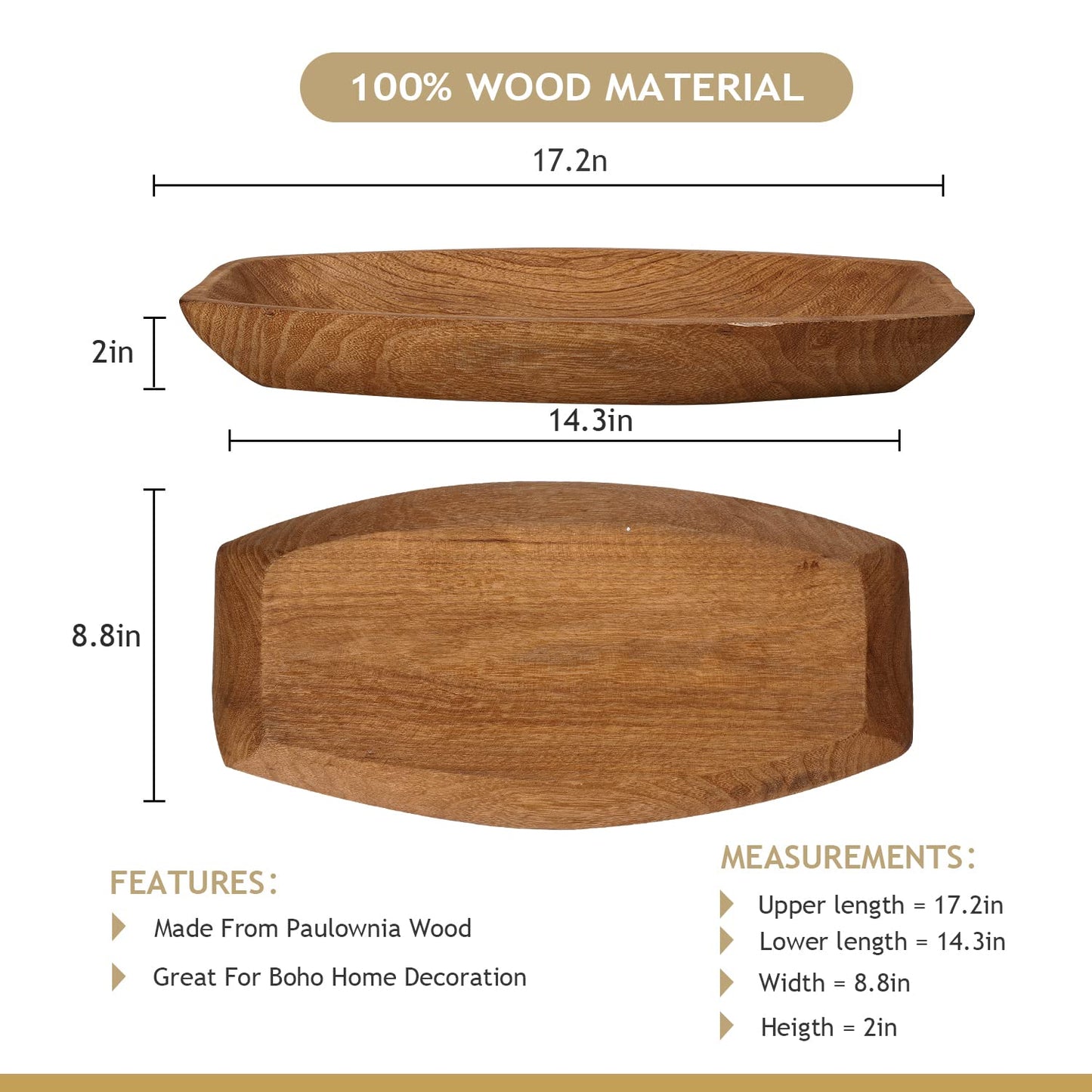 Uziass Wood Dough Bowl, 17.25"x 8.8" Hand Carved Wooden Dough Bowls for Decor Rustic Wood Dough Bowls Decorative Wooden Dough Fruits Bowl for Table Centerpiece Dining Living Room Home Kitchen Decor