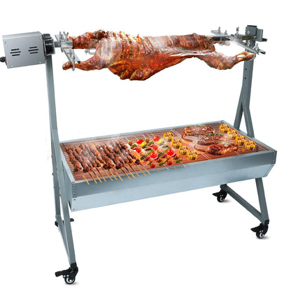 Rotisserie Grill Roaster Charcoal Outdoor BBQ Pig Lamb Spit with 25w Motor and Hand Crank Metal Wheels