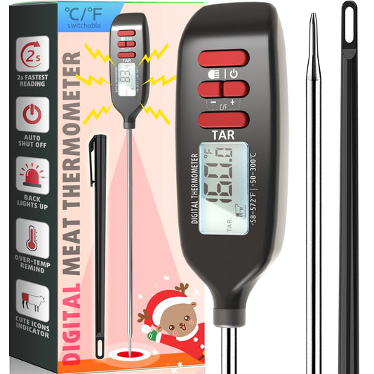 Antonki Meat Thermometer Digital, Smart Instant Read Food Thermometer with Super Long Probe for Cooking Grilling Baking Kitchen Candy BBQ Oil Liquid, Backlit Display, Battery Included
