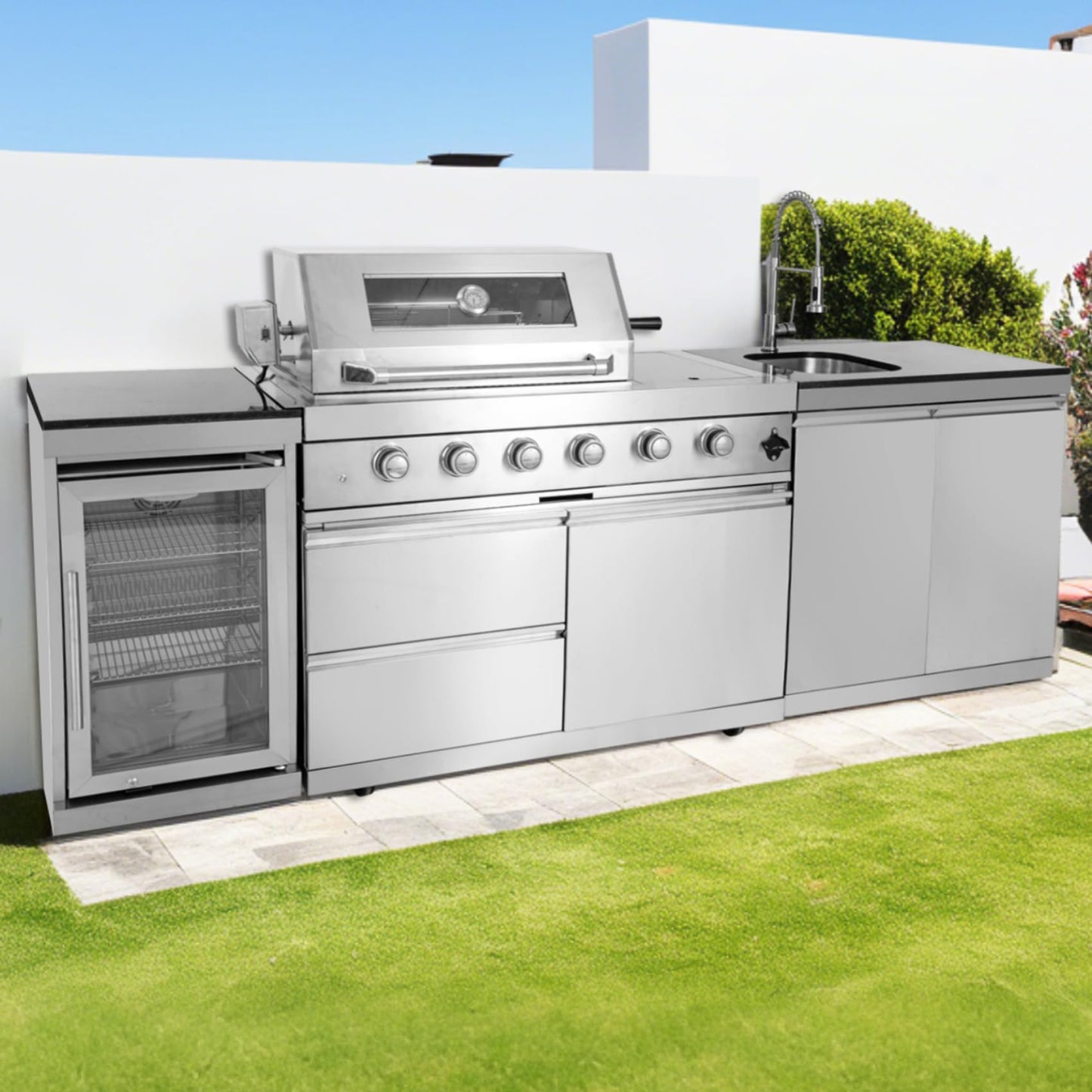 4 Burner Outdoor Kitchen Island with Grill and Side Burner, 72000 BTU Deluxe Stainless Steel Modular Outdoor Kitchen, Gas Propane BBQ Island with Refrigerator, 2 Doors Sink, Rotisserie, 104"W, Silver