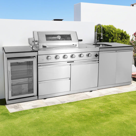4 Burner Outdoor Kitchen Island with Grill and Side Burner, 72000 BTU Deluxe Stainless Steel Modular Outdoor Kitchen, Gas Propane BBQ Island with Refrigerator, 2 Doors Sink, Rotisserie, 104"W, Silver