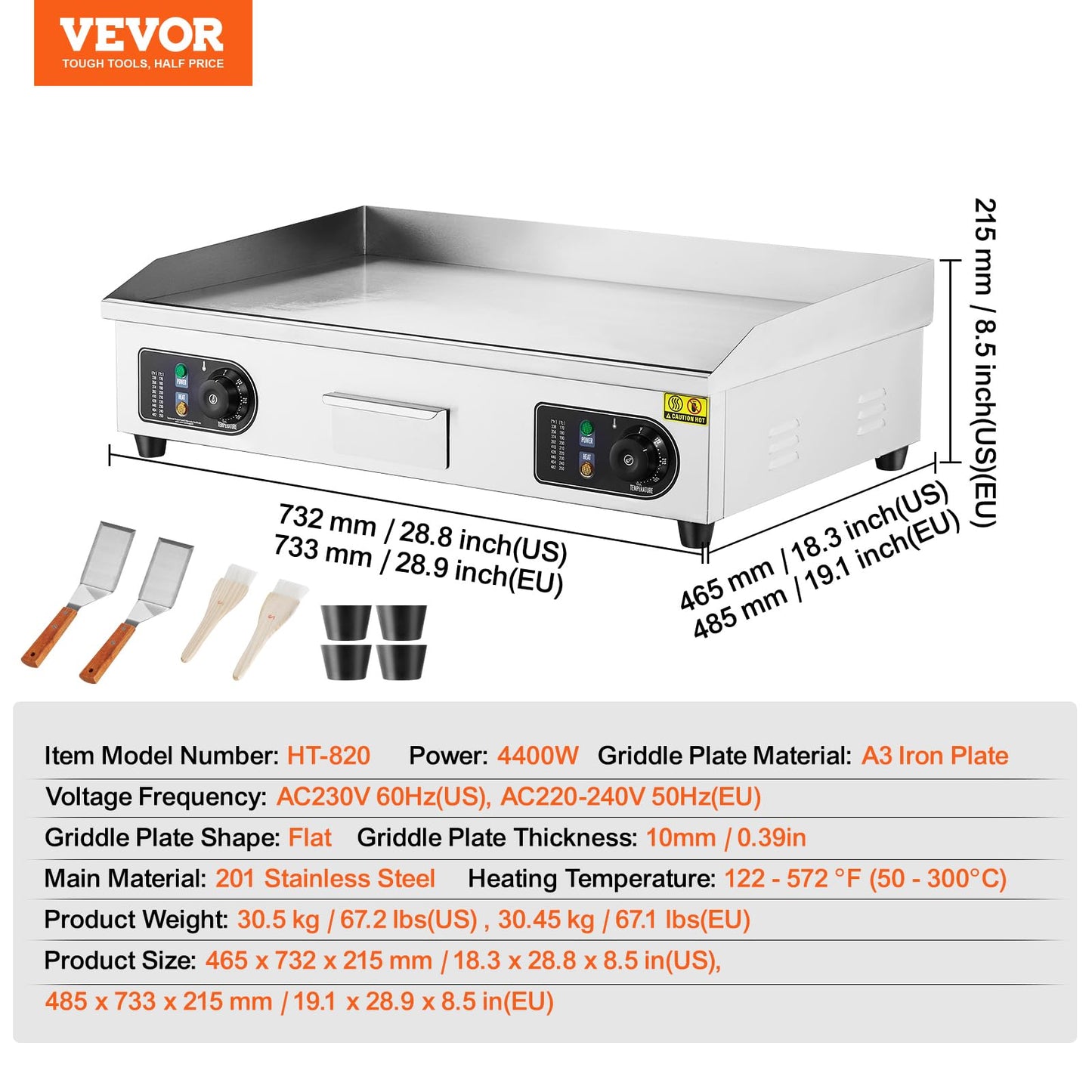 VEVOR 30" Commercial Electric Griddle 3000W Electric Countertop Griddle Non-Stick Restaurant 110V Teppanyaki Flat Top Grill Stainless Steel Adjustable Temperature Control 122°F-572°F (NO PLUG)