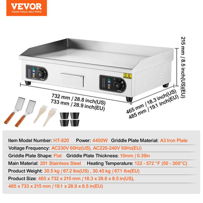 VEVOR 30" Commercial Electric Griddle 3000W Electric Countertop Griddle Non-Stick Restaurant 110V Teppanyaki Flat Top Grill Stainless Steel Adjustable Temperature Control 122°F-572°F (NO PLUG)