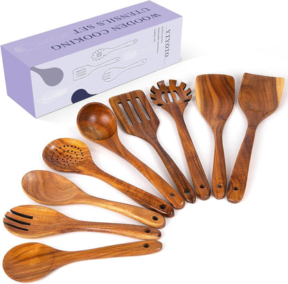 9Pcs Wooden Cooking Utensils, Wooden Spoons for Cooking, Teak Wood Kitchen Utensil Set