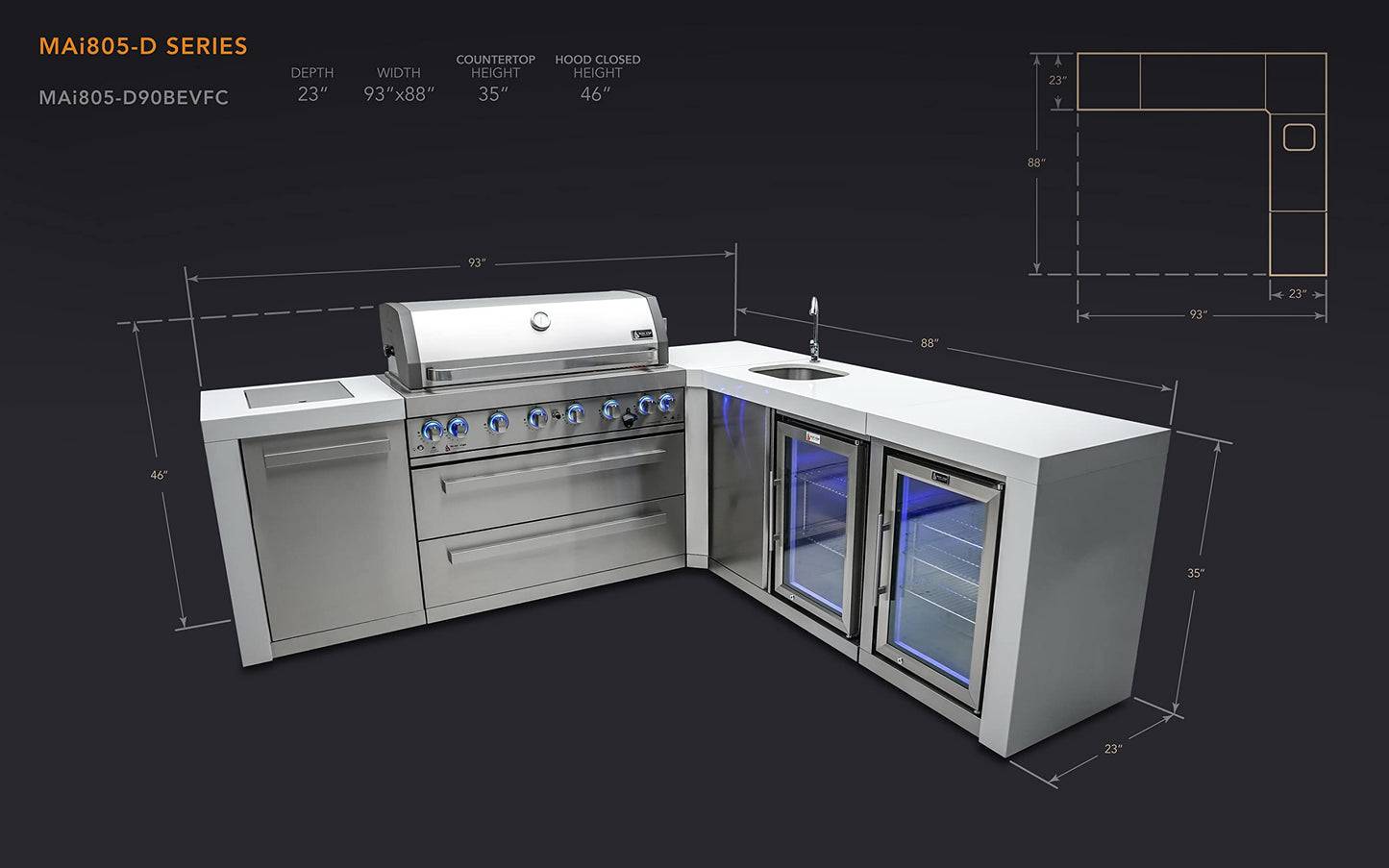 Mont Alpi MAi805-D90BEVFC 44-inch 6-Burner 115000 BTU 90 Degree Corner Deluxe Stainless Steel Gas Outdoor Kitchen Barbecue Island Grill + Lockable Compact Refrigerator + Faucet & Sink + Rotisserie Kit