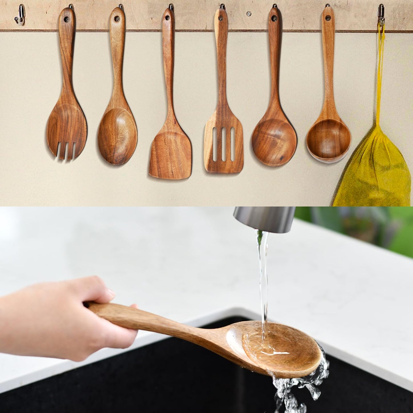 Wooden Spoons for Cooking, 8pcs Teak Wood Kitchen Utensils Set Nonstick Wooden Utensils Set Kitchen Utensils Set for Cooking