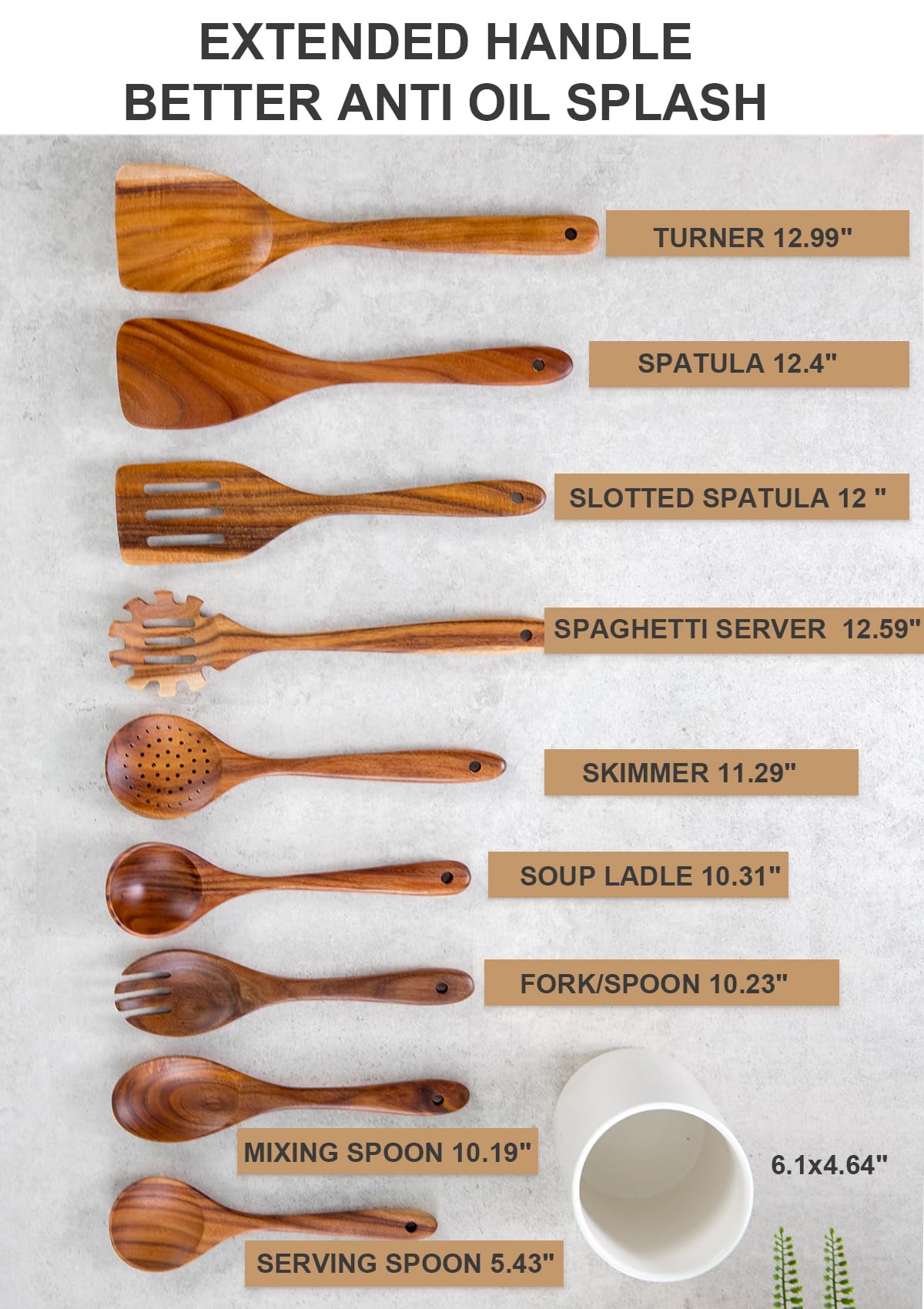 Nucookery Wooden Cooking Utensils Set with Holder, Teak Wood Kitchen Utensils Set, Ceramic Utensils Holder for Countertop, Nonstick Wooden Spoons for Cooking Spatula Set 10 Pcs, Natural Kitchen Decor