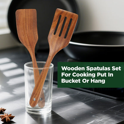 ANBUY Wooden Spatula for Cooking, Teak Wood Spatula Set for Nonstick Pan, Heat Resistant Kitchen Cooking Utensils Set, 2 PCS Slotted Spatula & Turner Non Toxic