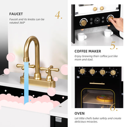 OOOK Modern Wooden Play Kitchen Set for Kids, Toddler Kitchen Playset with Real Lights & Sounds, Including 14 Pcs Accessories, Gift for Girls and Boys