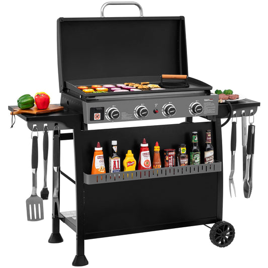 Royal Gourmet PD4001 4 Burner Propane Gas Griddle with Removable Standing Cart, Convertible to Tabletop Design, Flat Top Grill with Hood for Camping, Tailgating, Backyard, Black