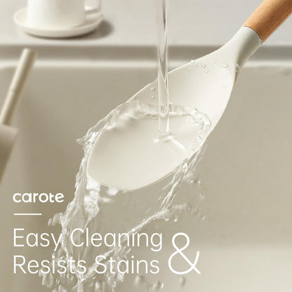 CAROTE Silicone Cooking Utensils Set, Kitchen Utensils Set 10 Pcs for cooking, BPA Free Spatula Set with Heat Resistant Wood Handles for Nonstick Cookware (Cream White)