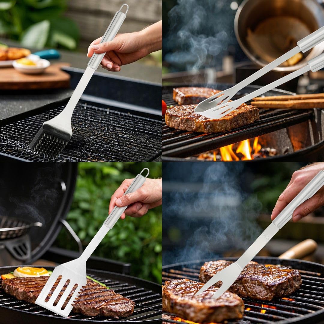 Stainless Steel BBQ Grill Tool Set - Barbecue Accessories & Utensils Sets - 4 Piece Spatula, Tongs, Cleaning Brush, Fork 13"/13.5"- Barbeque Tools Kit - Gift for Grilling Lover Men Outdoor & Kitchen