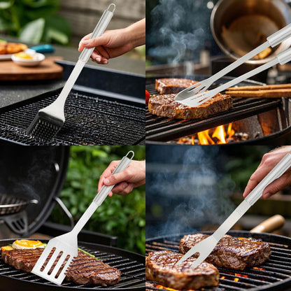 Stainless Steel BBQ Grill Tool Set - Barbecue Accessories & Utensils Sets - 4 Piece Spatula, Tongs, Cleaning Brush, Fork 13"/13.5"- Barbeque Tools Kit - Gift for Grilling Lover Men Outdoor & Kitchen