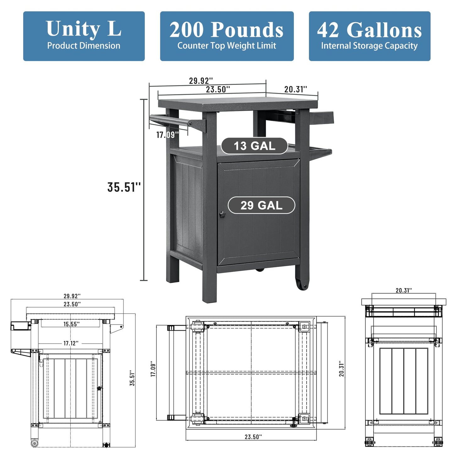 SHPAI Grill Cart Outdoor with Storage Cabinet, Portable Rolling Patio Bar Cart with Wheels, BBQ Prep Table, Movable Stainless Steel Kitchen Island Dining Cart for Food/Drink/Cooking -Grey
