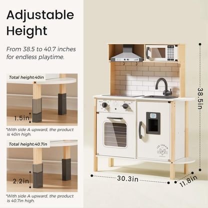 Tiny Land Play Kitchen for Kids, Wooden Kids Play Kitchen Playset Chef Pretend Play Set for Toddlers with Real Lights & Sounds, Toys Kitchen with 18 Pcs Toy Food & Cookware Accessories