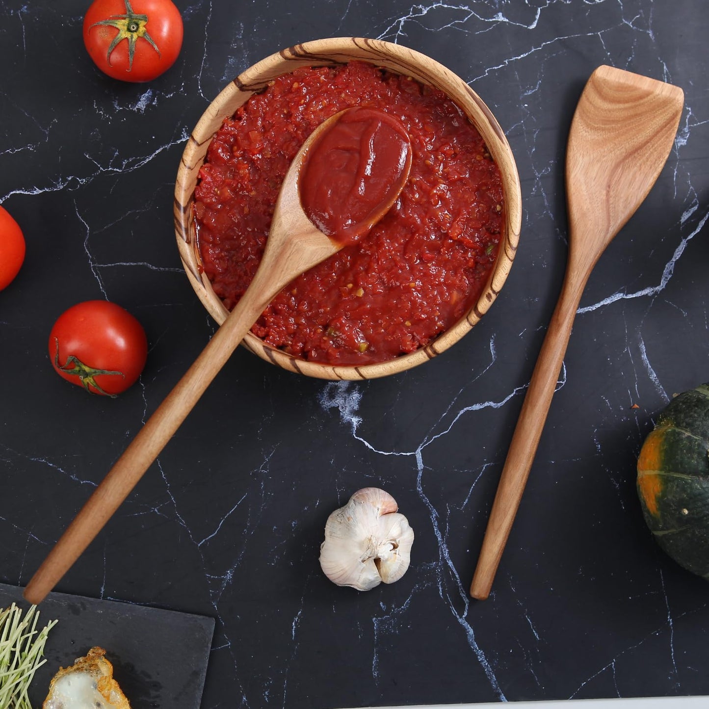 MornHalo 2PCS Acacia Wooden Spoons For Cooking-14 Inch Smooth Finish Cooking Spoons-Comfortable Grip Wood Spoons for Cooking - Non-Stick Cooking Utensils (Corner spoon + Cooking Spatula)