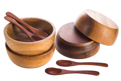 BestySuperStore Small Round Wood Bowls 4 Pcs 3¾" Diameter 1½" High Stackable Acacia Wooden Bowl Set with 4 spoons for serving salad salsa dip sauce snack cereal fruit Decor Tableware Side Dish Sets