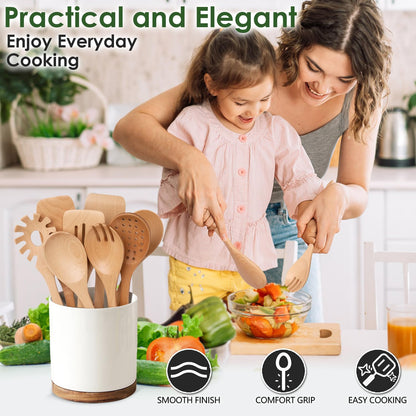 Wooden Spoons for Cooking, 8 Pcs Beech Wood Wooden Kitchen Cooking Spoon Utensil Tools Set Includes Spatula Skimmer Pasta Scoop Non-Stick Cookware Safe by HOWHONG