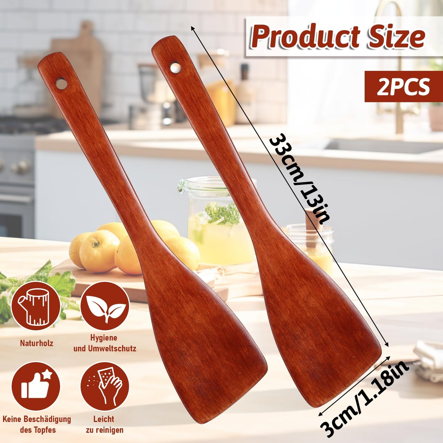 2 Pcs Wooden Spatula Wood Utensils Set for Cooking 13in Natural Wooden Spatula for Cooking Long Handle Wood Spatula Kitchen Spatula for Non-Stick Cookware