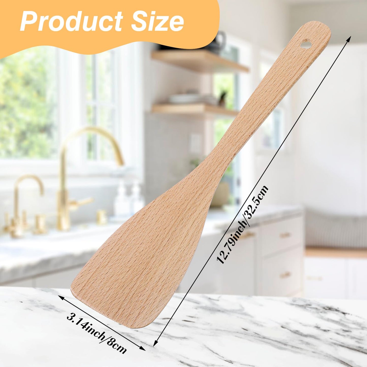 Wanmu 2 Pcs Wooden Spatulas for Cooking, 13 Inches Flat Beech Turner, Wooden Cooking Utensils, Long Handle Scraper, Non Scratch Wok Spatula for Kitchen Non Stick Cookware