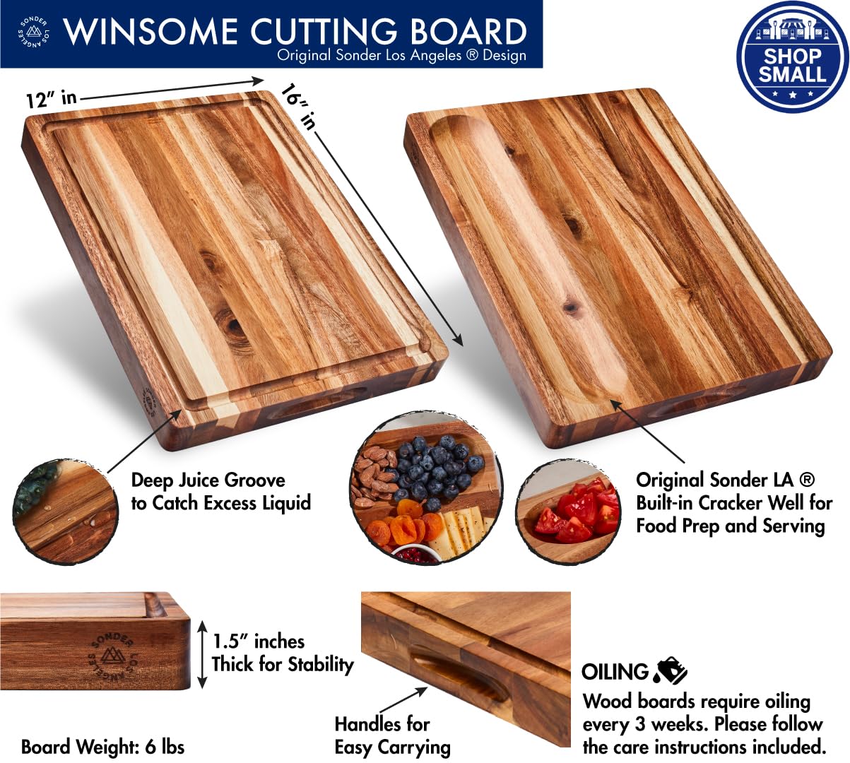 Sonder Los Angeles, Thick Sustainable Acacia Wood Cutting Board for Kitchen with Juice Groove, Sorting Compartment, Charcuterie 16x12x1.5 in (Gift Box Included)