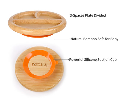 TATA AMG ® Bamboo Baby Plate and Bowl Set with Spoons and Fork for Babies | Bamboo Toddler Plates | Bamboo Suction Plate and Bowl Set for Babies | Baby Led Weaning Feeding Set - BPA Free