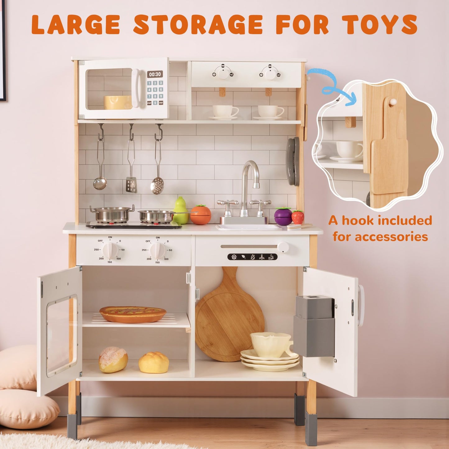 PHGLL Play Kitchen for Kids Wooden Kitchen Toy Playset w/Light and Clicking Knobs, Chef Pretend Play Set w/Microwave, Oven, Coffee Machine, Ice Maker, Telephone, Toy Kitchen Set for Toddlers (White)