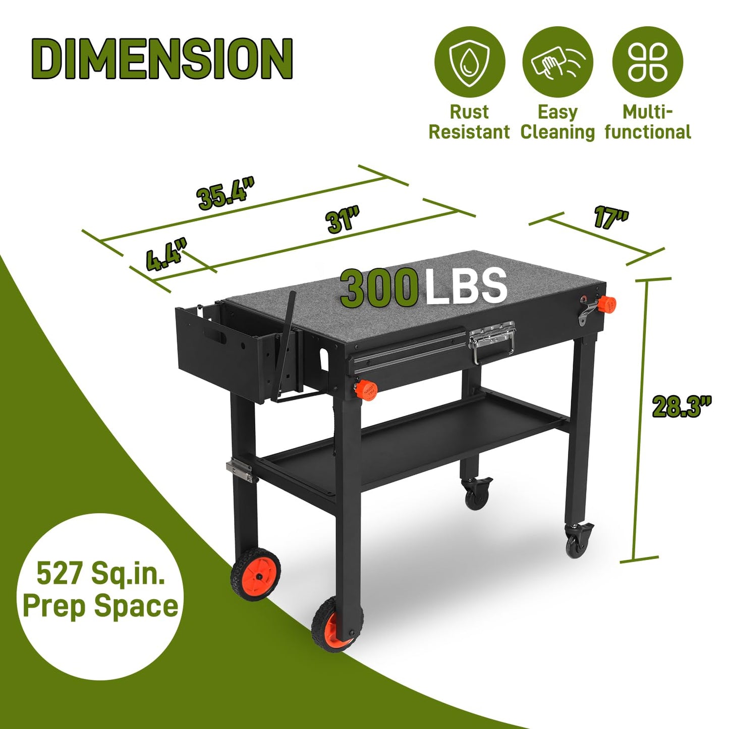 LKVHV Portable Outdoor Grill Table, Stand Solid and Sturdy 31"W x 17"D, Movable Kitchen Cooking Prep BBQ Cart With Wheels, Folding Cart for Ninja Grill, Blackstone Griddle 17"/22" etc.