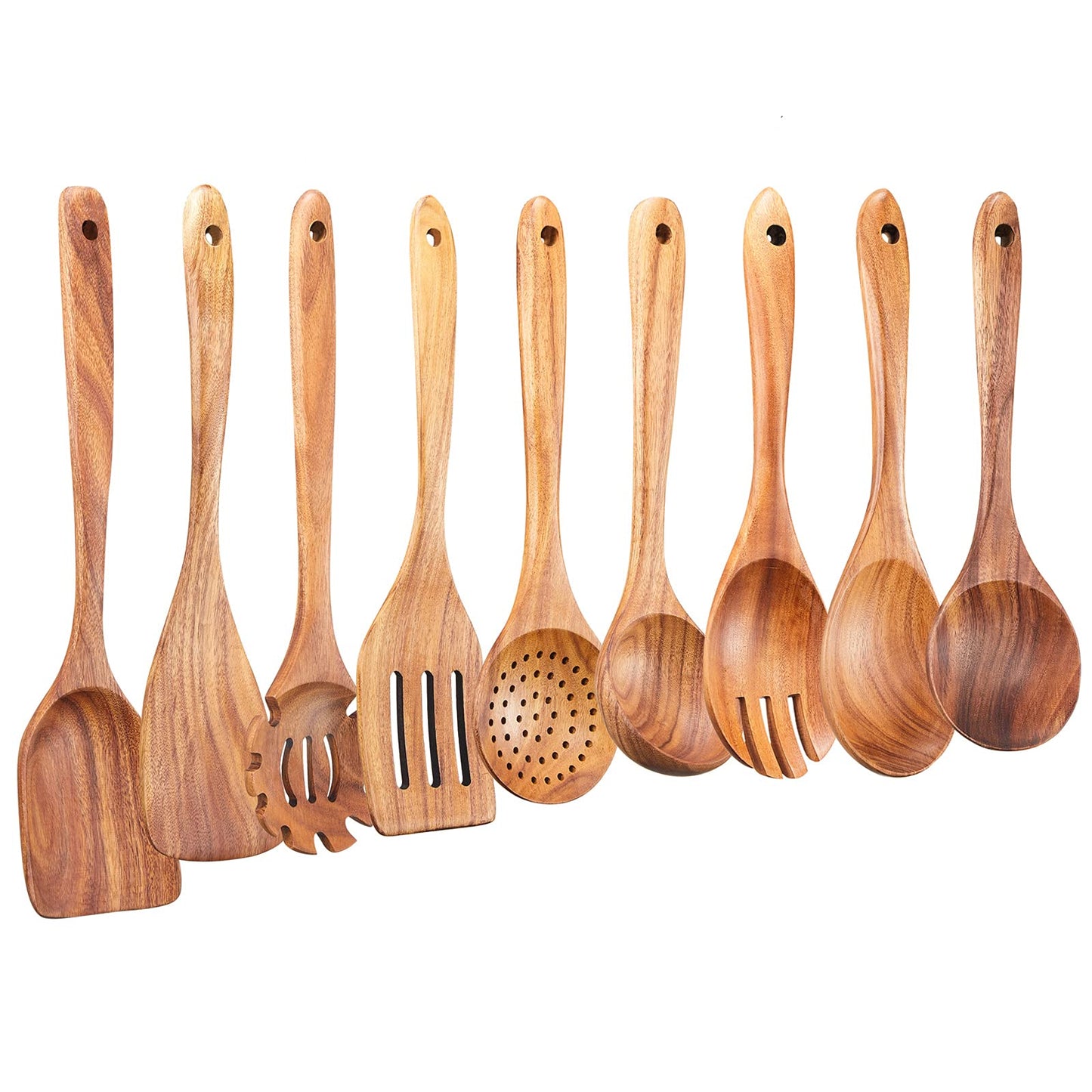 Wooden Kitchen Utensils Set,GUDAMAYE 9 PCE Natural Teak Wooden Spoons For Non-stick Pan for Cooking,