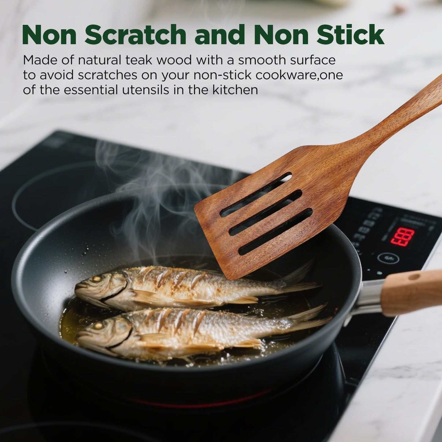 ANBUY Wooden Spatula for Cooking, Flat Wooden Turner Set, Non Scratch Slotted Frying Spatula Set for Nonstick Pans, Non Toxic Wood Spatulas for Kitchen Use, 2 Piece Utensil Set