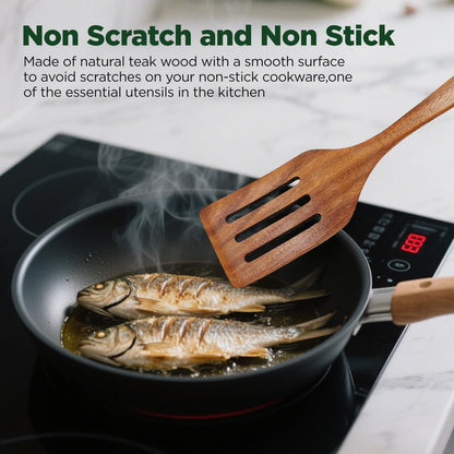 ANBUY Wooden Spatula for Cooking, Flat Wooden Turner Set, Non Scratch Slotted Frying Spatula Set for Nonstick Pans, Non Toxic Wood Spatulas for Kitchen Use, 2 Piece Utensil Set