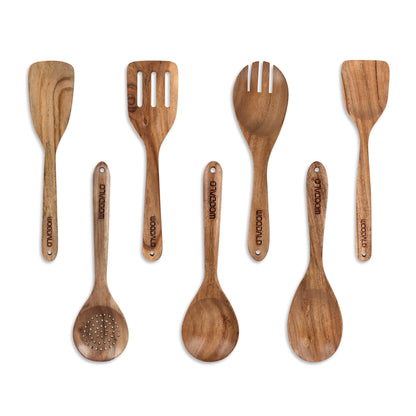 Woodalo Acacia Wooden Kitchen Utensil Set - 7 Pieces – Premium Handcrafted Cooking Spoons & Spatulas, Eco-Friendly, Nonstick Cookware Safe, Ergonomic Design, Ideal for Cooking & Serving