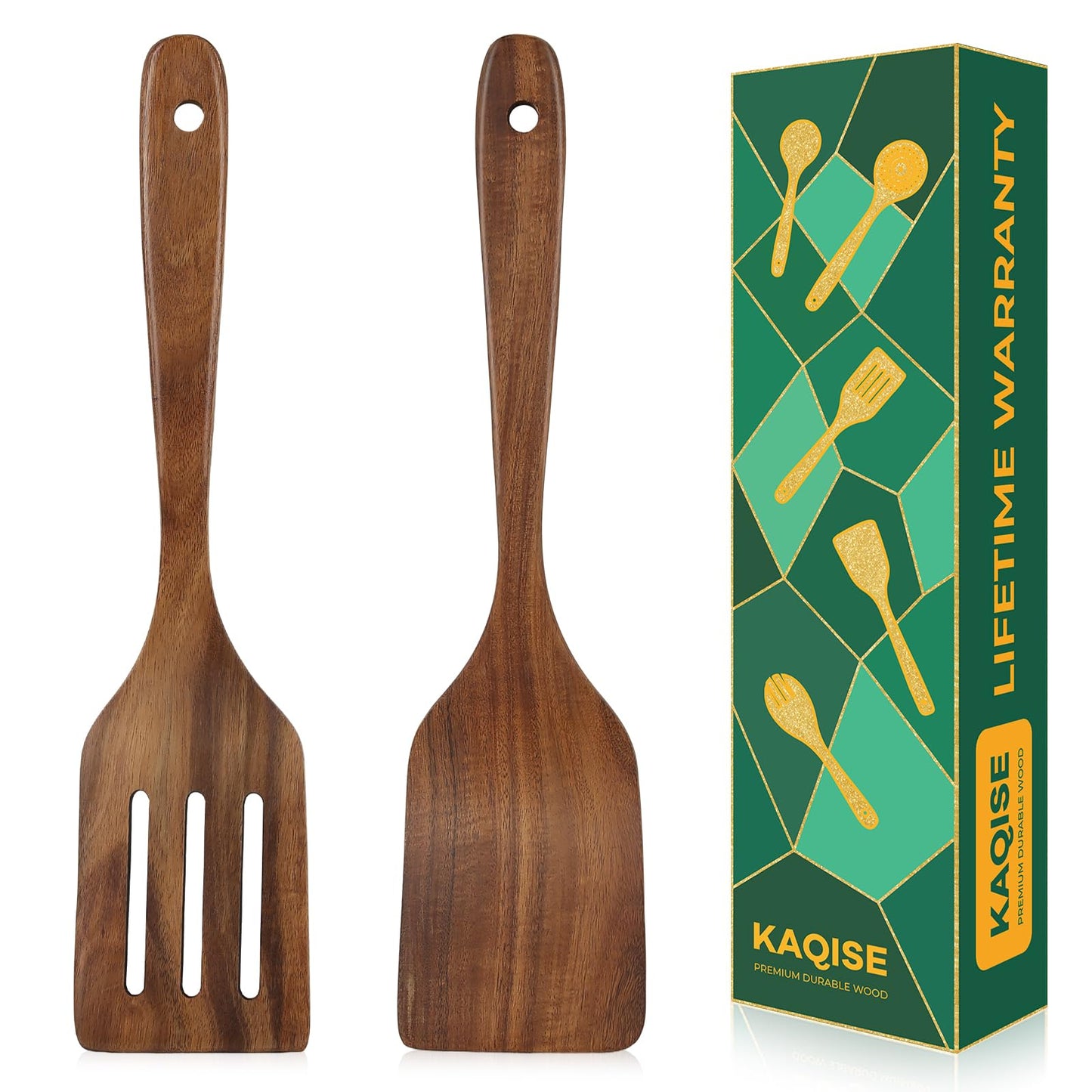 KAQISE Wooden Spatulas for Cooking, Teak Wood Kitchen Utensils Set, Natural Cooking Utensils Set, Flat Wooden Spatulas and Slotted Spatula Set (2Pcs)