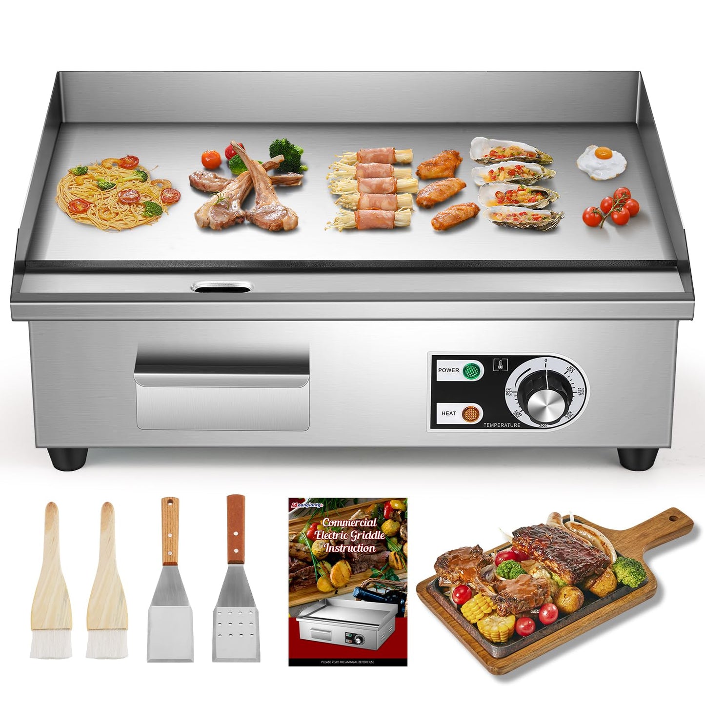 Moogiantgo Commercial Electric Griddle 22’’, 1600W Non-Stick Countertop Flat Top Grill Stainless Steel, Removable Oil Box, Adjustable Temperature 0-300℃, Teppanyaki Grill for Restaurant Kitchen, 110V