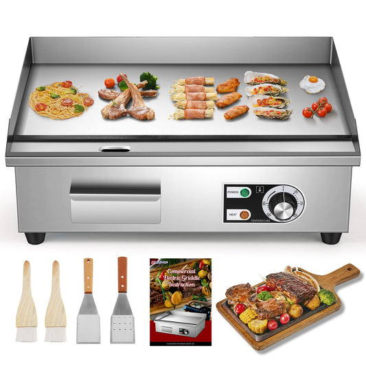 Moogiantgo Commercial Electric Griddle 22’’, 1600W Non-Stick Countertop Flat Top Grill Stainless Steel, Removable Oil Box, Adjustable Temperature 0-300℃, Teppanyaki Grill for Restaurant Kitchen, 110V