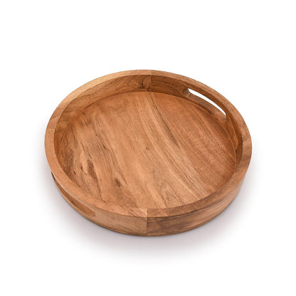 Samhita Round Serving Acacia Wooden Tray with Handles for Serving Beverages & Food on Bar Living Room Home Dining Table (12" x 12" x 1.6")