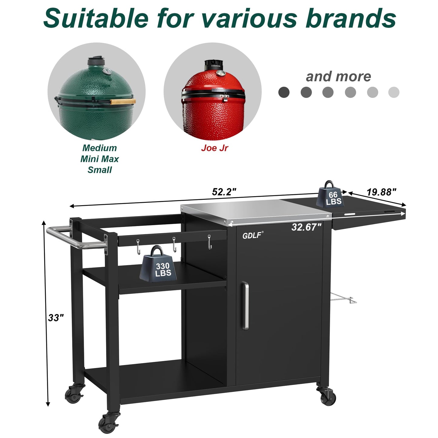 Grill Table for Big Green Egg, Metal Grill Stand Compatible with up to Medium Green Egg,Kamado Joe Jr