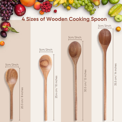 Romooa 4 Pcs Wooden Spoons for Cooking 8,10,12,14 Inch Mixing Wooden Utensils Cooking Spoon for Kitchen Mixing Salad Tasting Baking Stirring Serving Food No Scratch Nonstick Cookware