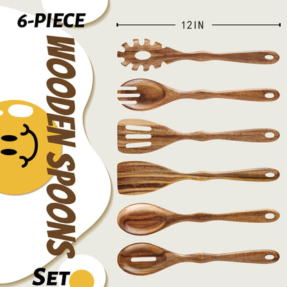 KARRYOUNG Acacia Wood Spoons for Cooking - 6 Piece Non Stick Wooden Spoon Set - with Slotted Spoon, Salad Fork, Spatula, Pasta Server-Natural Wood Kitchen Utensil Sets