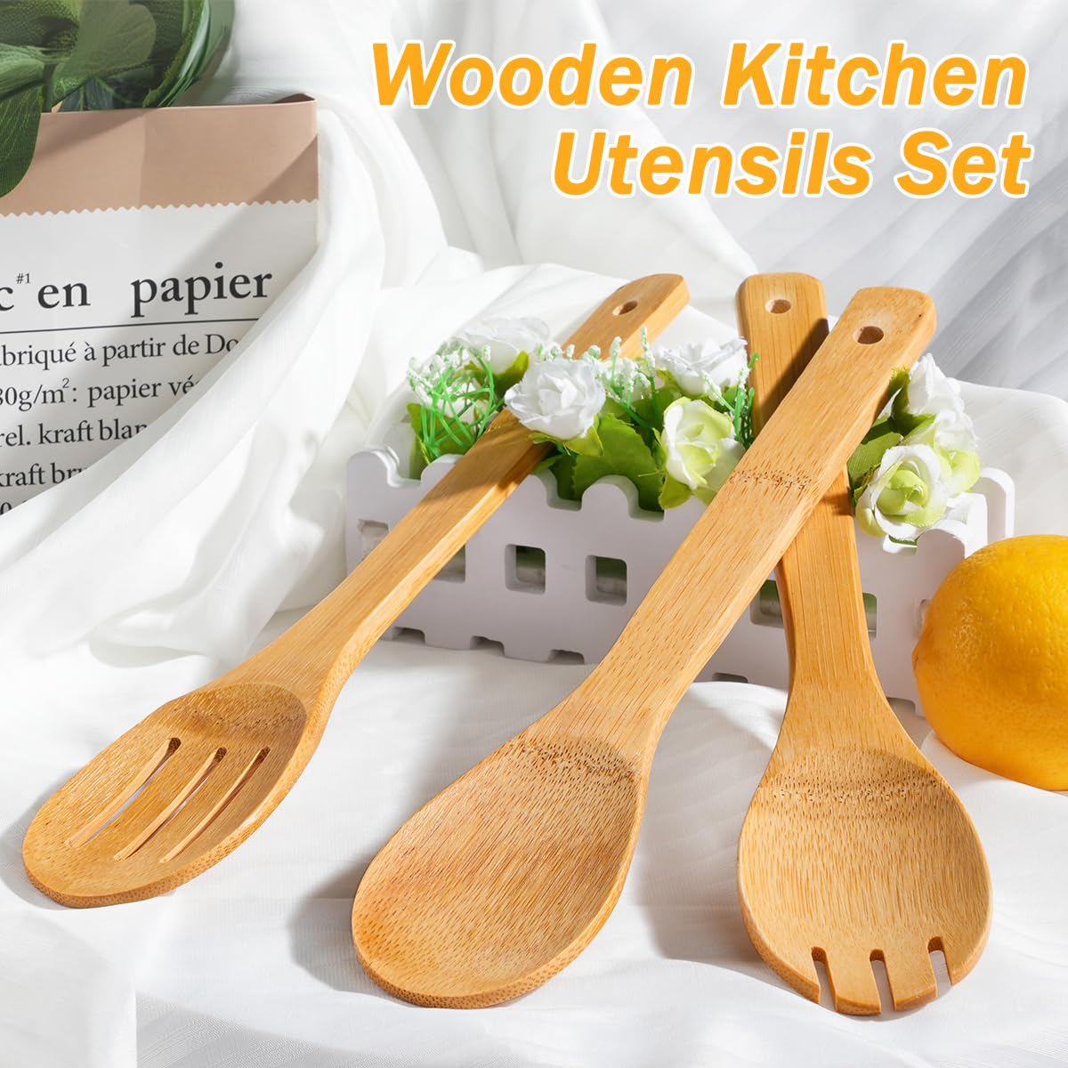 IOOLEEM Bamboo Wooden Spoons for Cooking 6 Pcs 12 Inch, Non-Stick Wooden Kitchen Utensils Set, Natural and Durable Wooden Spatula Spoons for Non-Stick Pan for Cooking